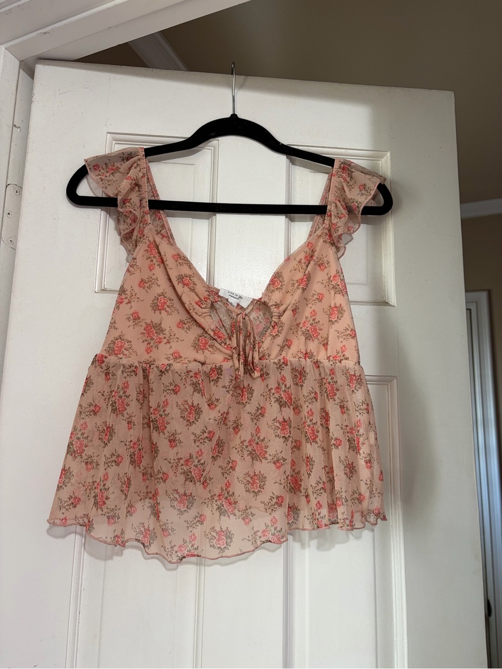 Floral Tie-Front Ruffle Strap Tank Top - Peach